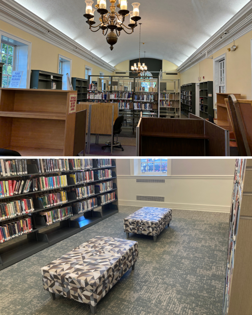 Before and after view of the Teaneck Public Library main reading room showing outdated wooden study carrels replaced with open shelving, updated flooring, and modern seating.