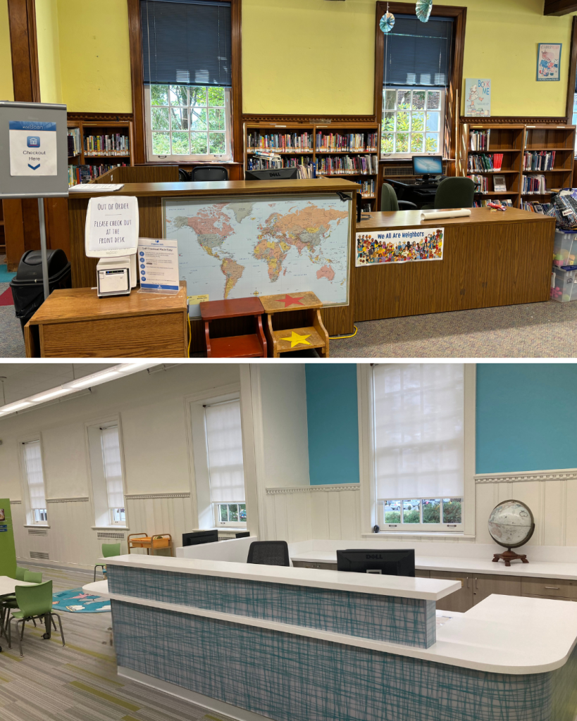 Before and after view of the children’s service desk area at Teaneck Public Library showing a traditional wooden desk replaced with a modern, accessible service counter and refreshed interior design.