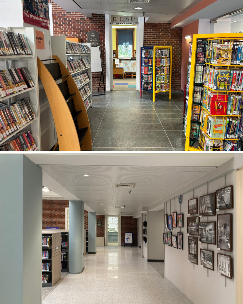 Before and after view of a Teaneck Public Library interior corridor showing a media shelving area replaced with a widened hallway featuring open sightlines, gallery walls, and updated finishes.