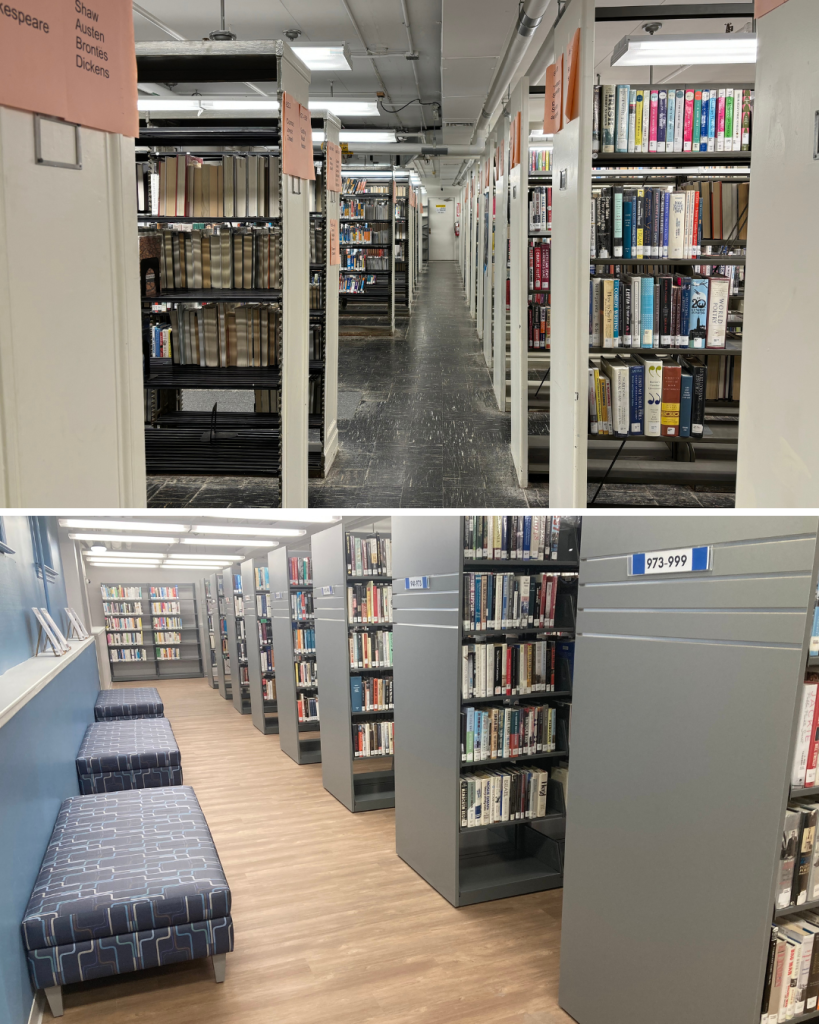 Before and after view of Teaneck Public Library book stacks showing narrow aisles and older shelving replaced with wider walkways, modern shelving, updated flooring, and integrated seating.