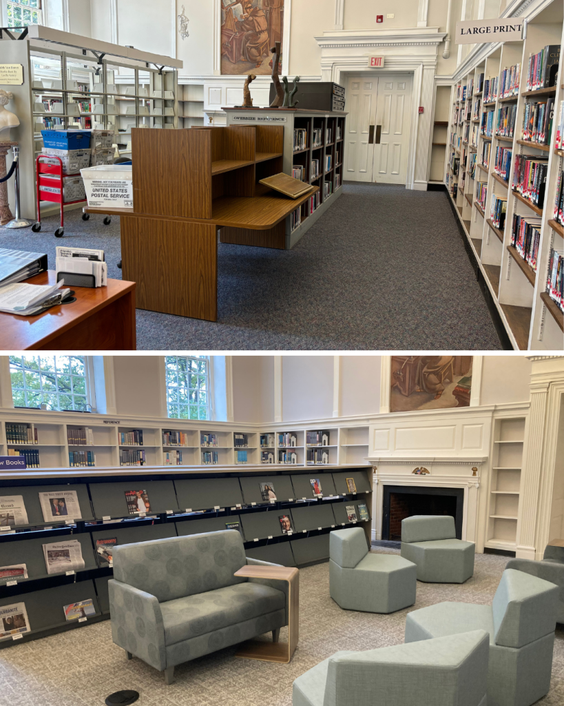 Before and after view of a Teaneck Public Library reading area showing a traditional reference desk and shelving replaced with a comfortable seating area and updated book displays.