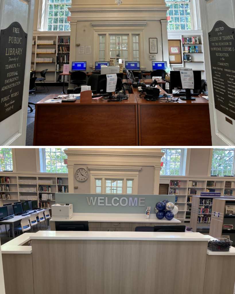 Before and after view of a Teaneck Public Library computer area showing an older circulation desk and computer layout replaced with an open welcome desk and improved public computer access.