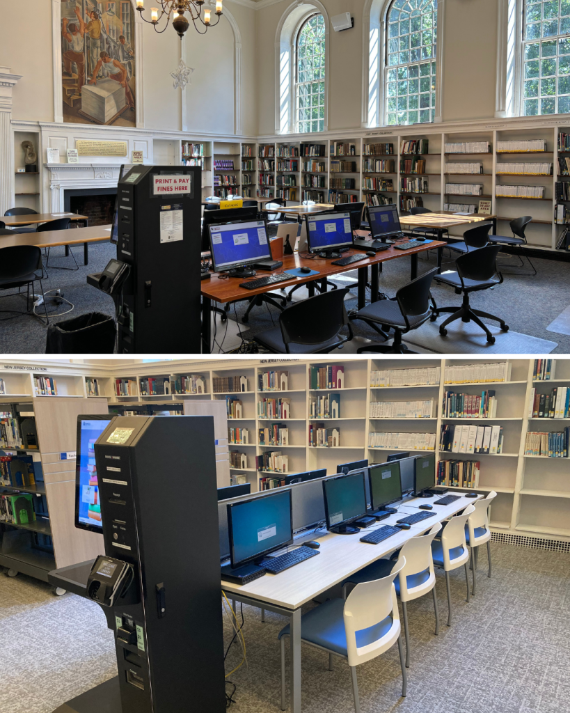 Before and after view of a Teaneck Public Library computer and study space showing outdated furniture replaced with modern computer stations, seating, and improved lighting.