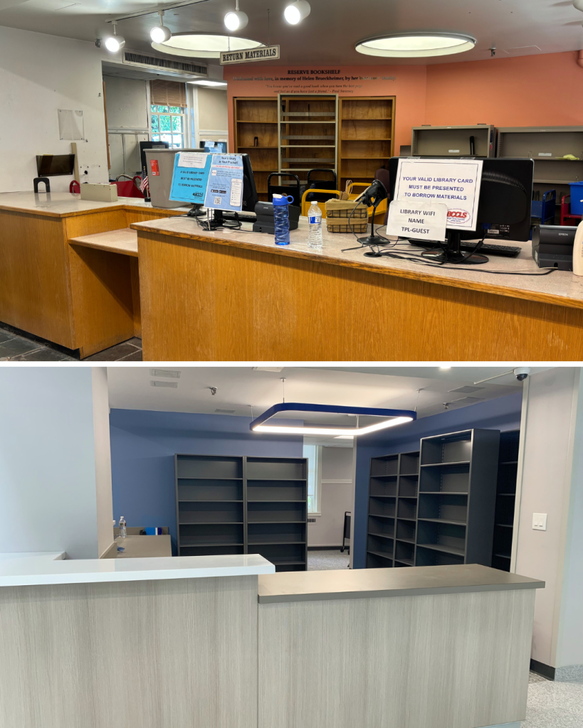 Before and after view of a Teaneck Public Library service counter showing a traditional wooden desk replaced with a modern, accessible service counter and updated shelving behind the desk.