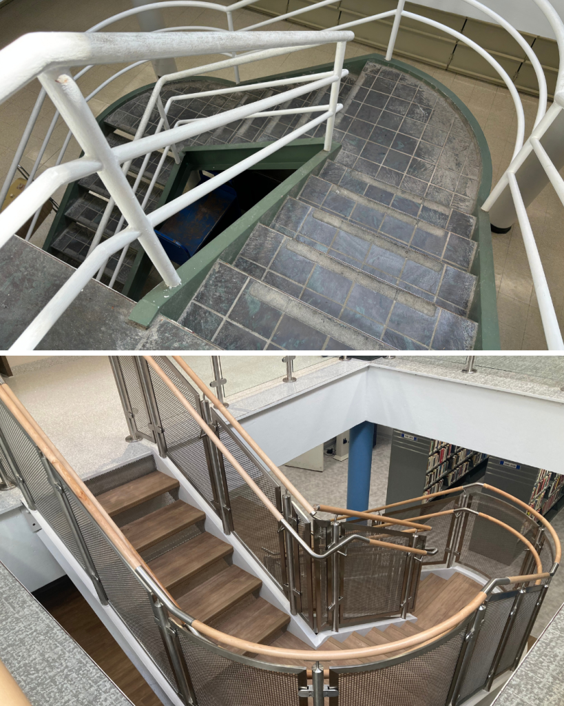 Before and after view of an interior staircase at Teaneck Public Library showing an older tiled stairwell replaced with a modern staircase featuring wood steps, metal railings, and improved lighting.