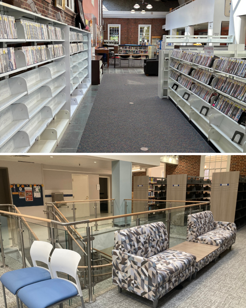 Before and after view of the Teaneck Public Library media area showing narrow aisles and older shelving replaced with a more open layout, updated shelving, and improved seating areas.