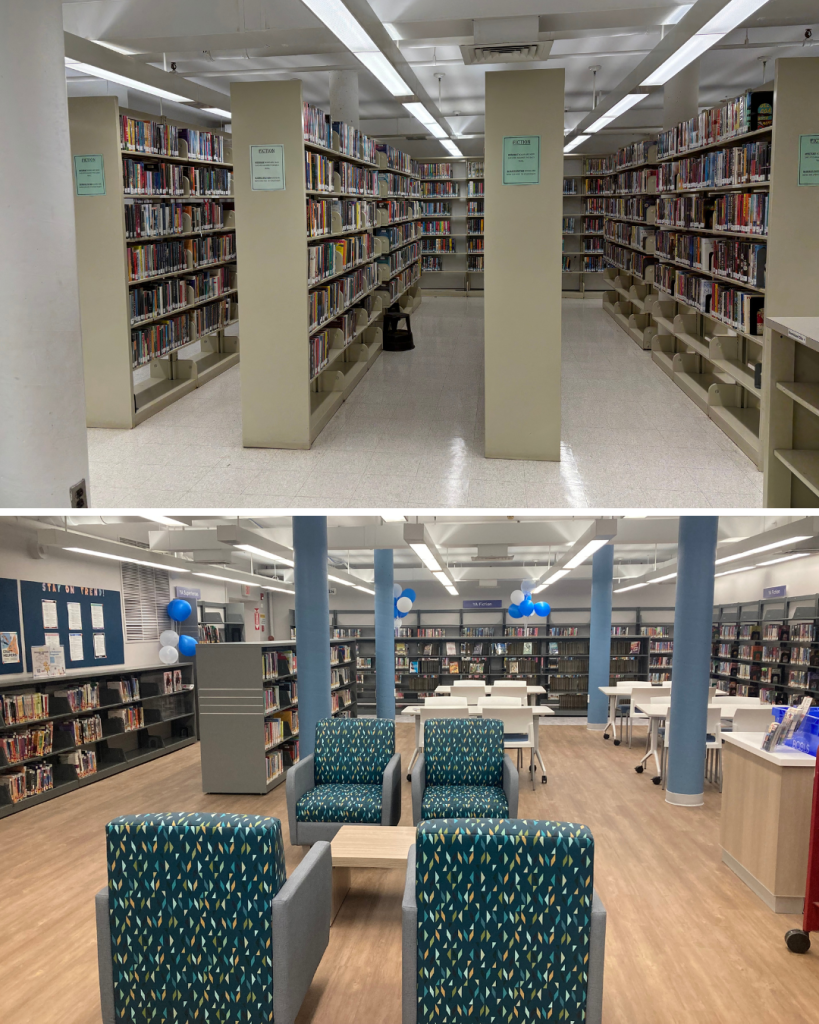 Before and after view of a library seating area showing traditional book stacks replaced with modern furniture, open sightlines, and updated finishes.