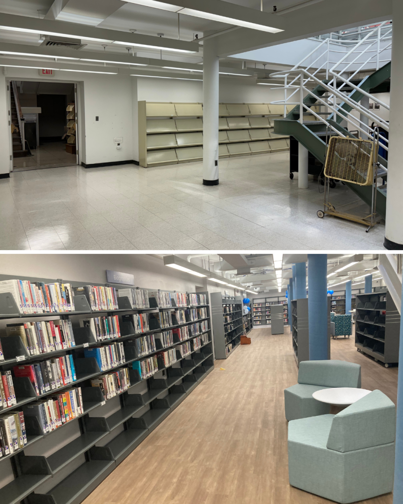 Before and after view of the Teaneck Public Library stacks showing older, tightly spaced shelving replaced with a brighter, more open layout and modern lighting.
