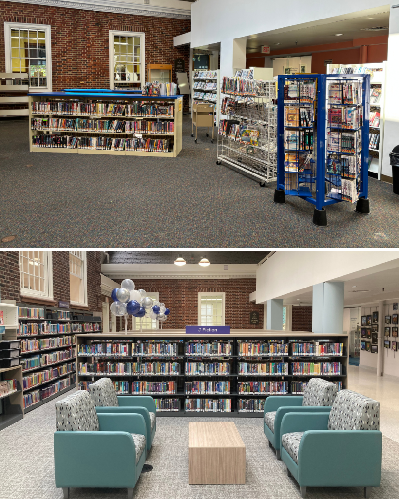 Before and after view of a library reading and study area showing dated furnishings replaced with contemporary seating, tables, and a flexible community space.