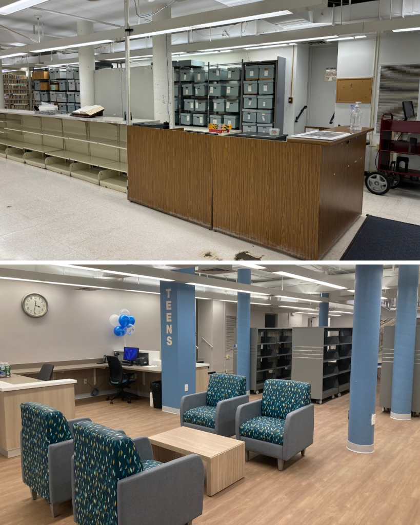 Before and after view of a Teaneck Public Library service area showing an older circulation desk and storage layout replaced with an open teen space featuring modern seating, updated finishes, and clearer sightlines.