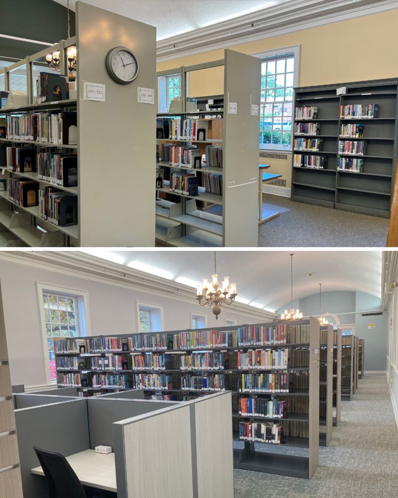 Before and after view of Teaneck Public Library book stacks showing traditional shelving and carpeting replaced with updated shelving, new flooring, improved lighting, and integrated study carrels.