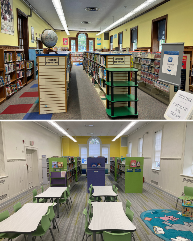 Before and after view of the Teaneck Public Library children’s nonfiction area showing older shelving and signage replaced with a brighter, more open children’s space with updated furniture and layout.